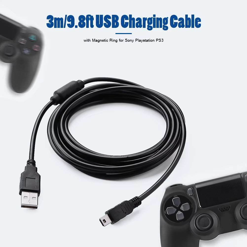 3M Mini USB Cable Power Supply Charge Wire W/Magnetic Ring USB Stable Safety Practical and Durability for Sony PS3 Gamepad