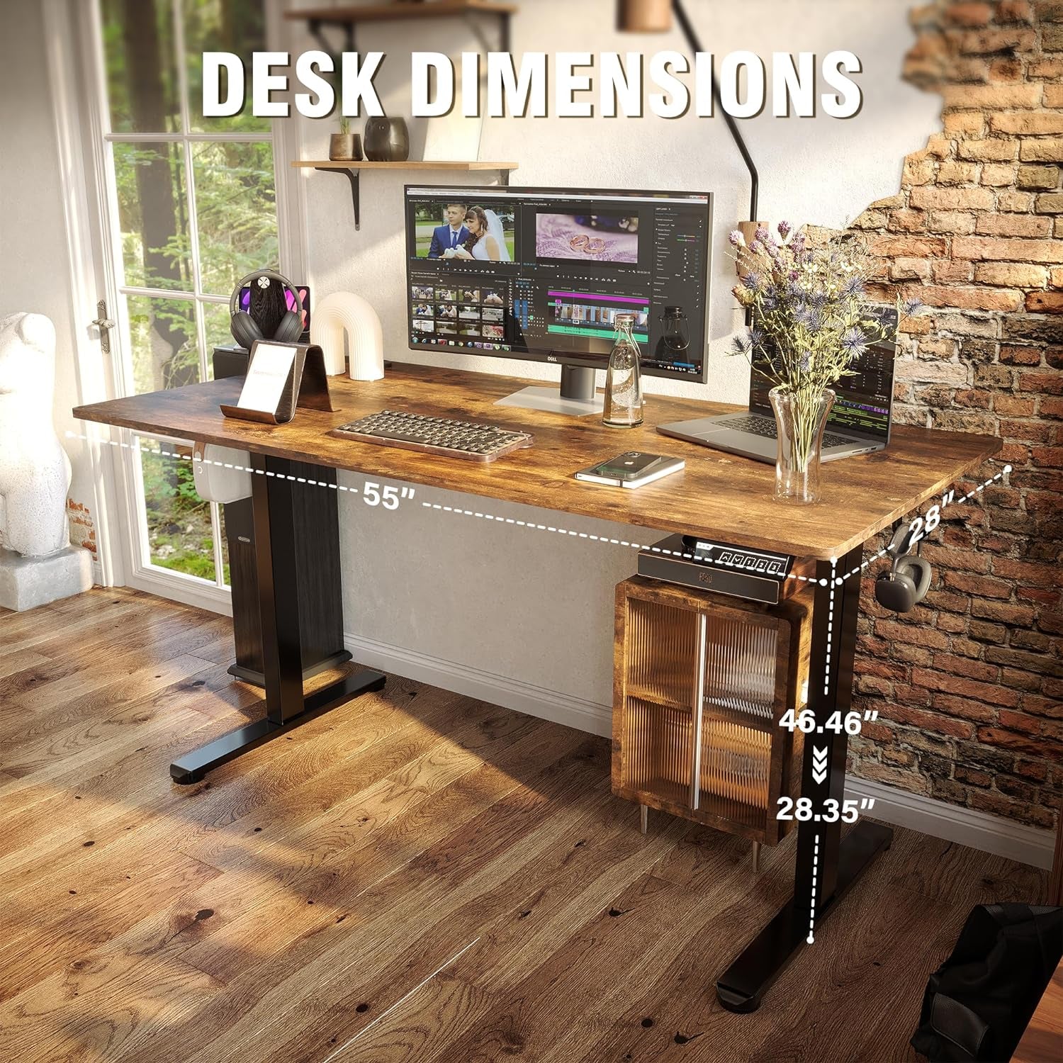 Electric Standing Desk,55X 24 Inches Height Adjustable, Ergonomic Home Office Sit Stand up Desk with Memory Preset Controller (Black Frame/Rustic Brown Top)